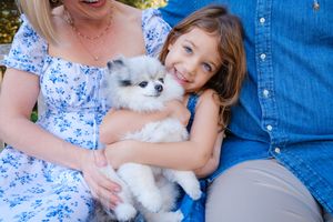A small white fluffy dog being held and cuddled while sitting outdoors on a sunny day.