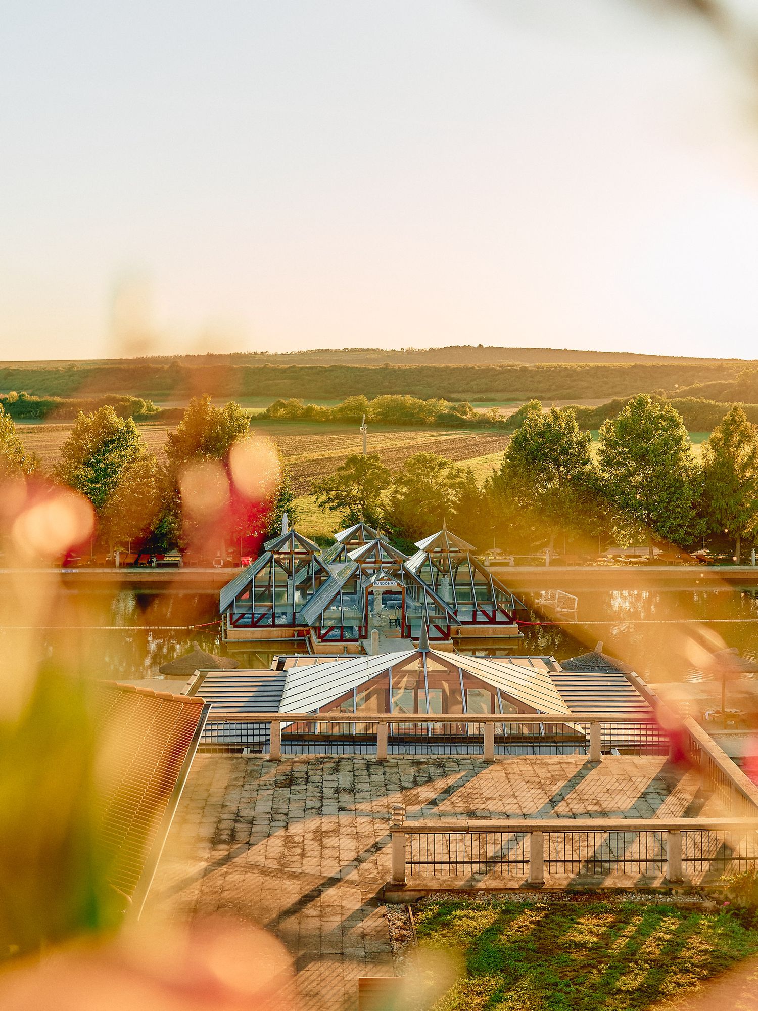 Panoramic view of a modern greenhouse with solar panels on the roof during golden sunset in a rural landscape.