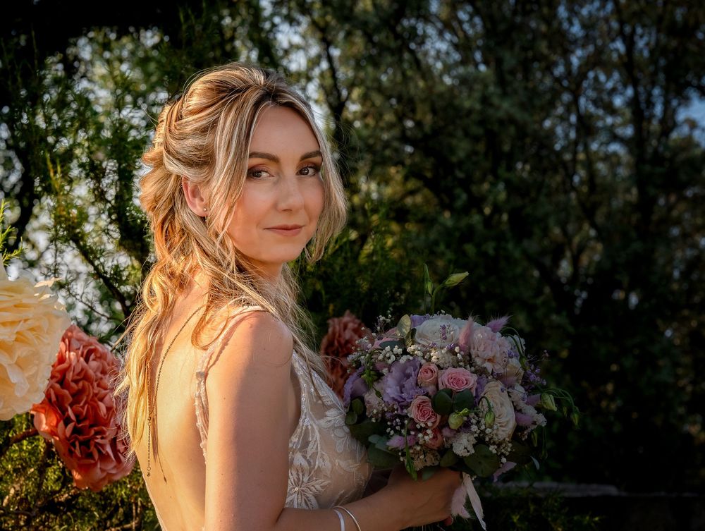 Mariée, photo au couché de soleil dans le Gard, entre Uzès et Alès