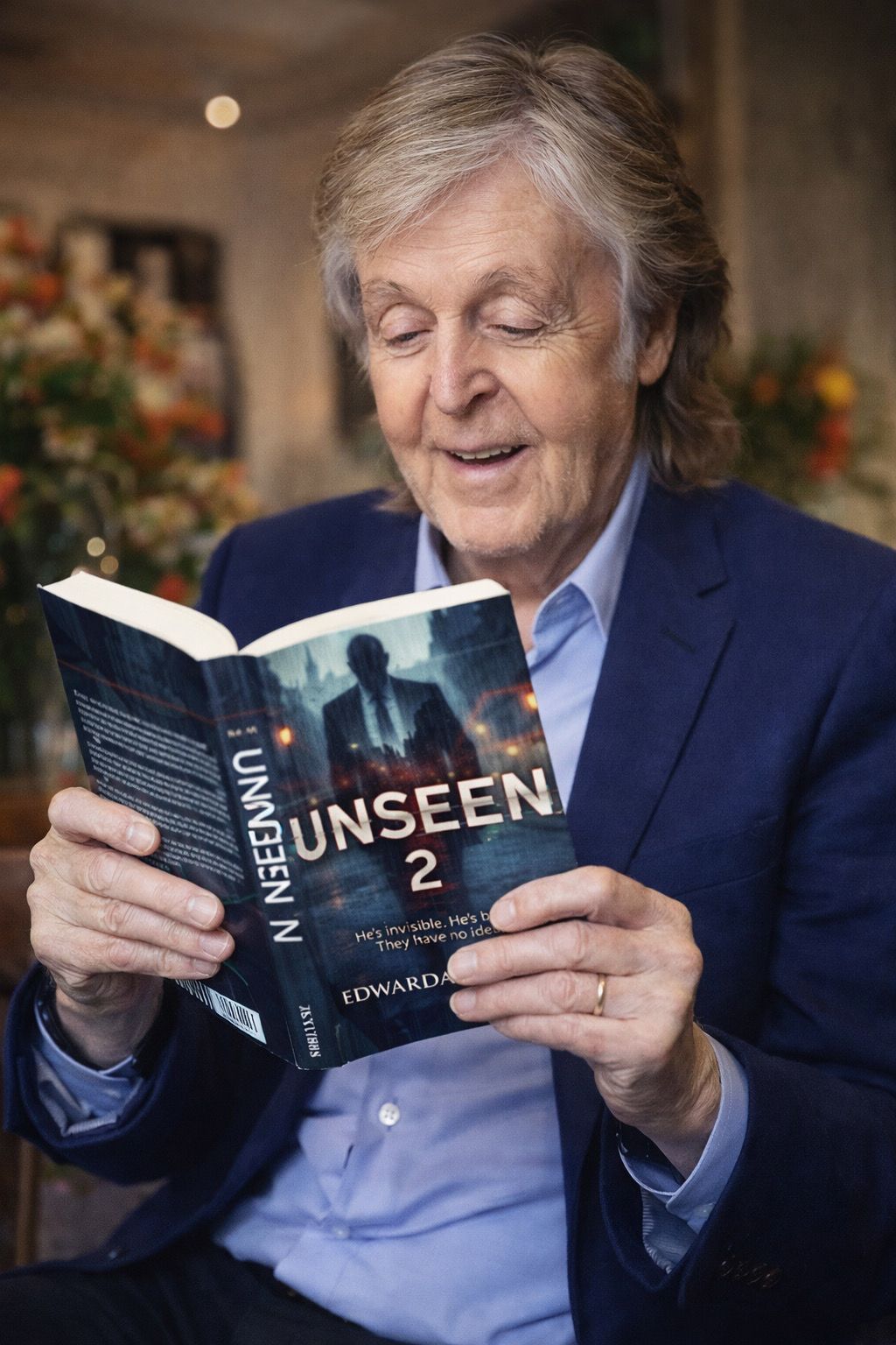 Paul McCartney reading his book Unseen 2 while wearing a navy blazer and light blue shirt.