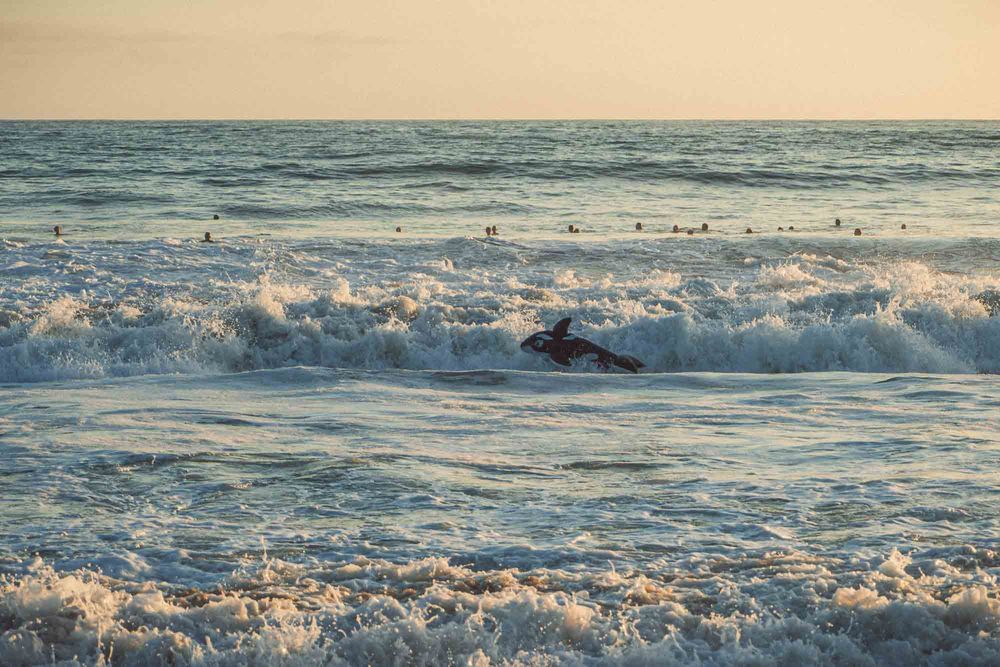 A surfer rides through powerful ocean waves at sunset on a beautiful beach.
