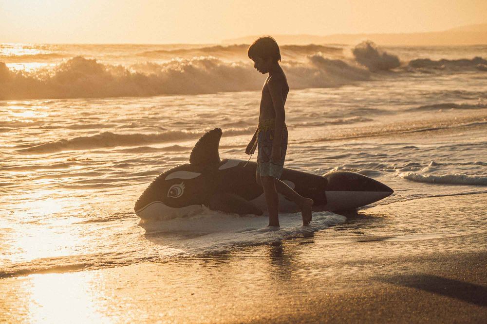 A silhouetted boy stands beside an inflatable orca whale toy on a sandy beach at golden sunset.