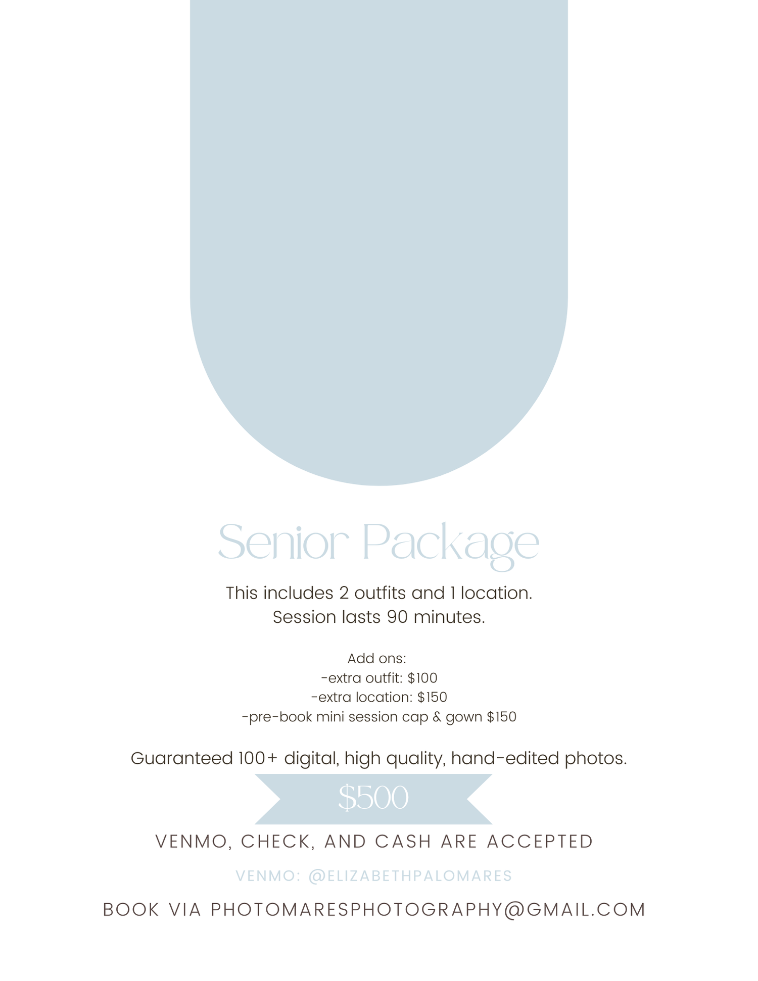 Sioux City, Iowa photographer. Senior photography package flyer offering 2 outfits, 1 location, 90-minute session for $500.