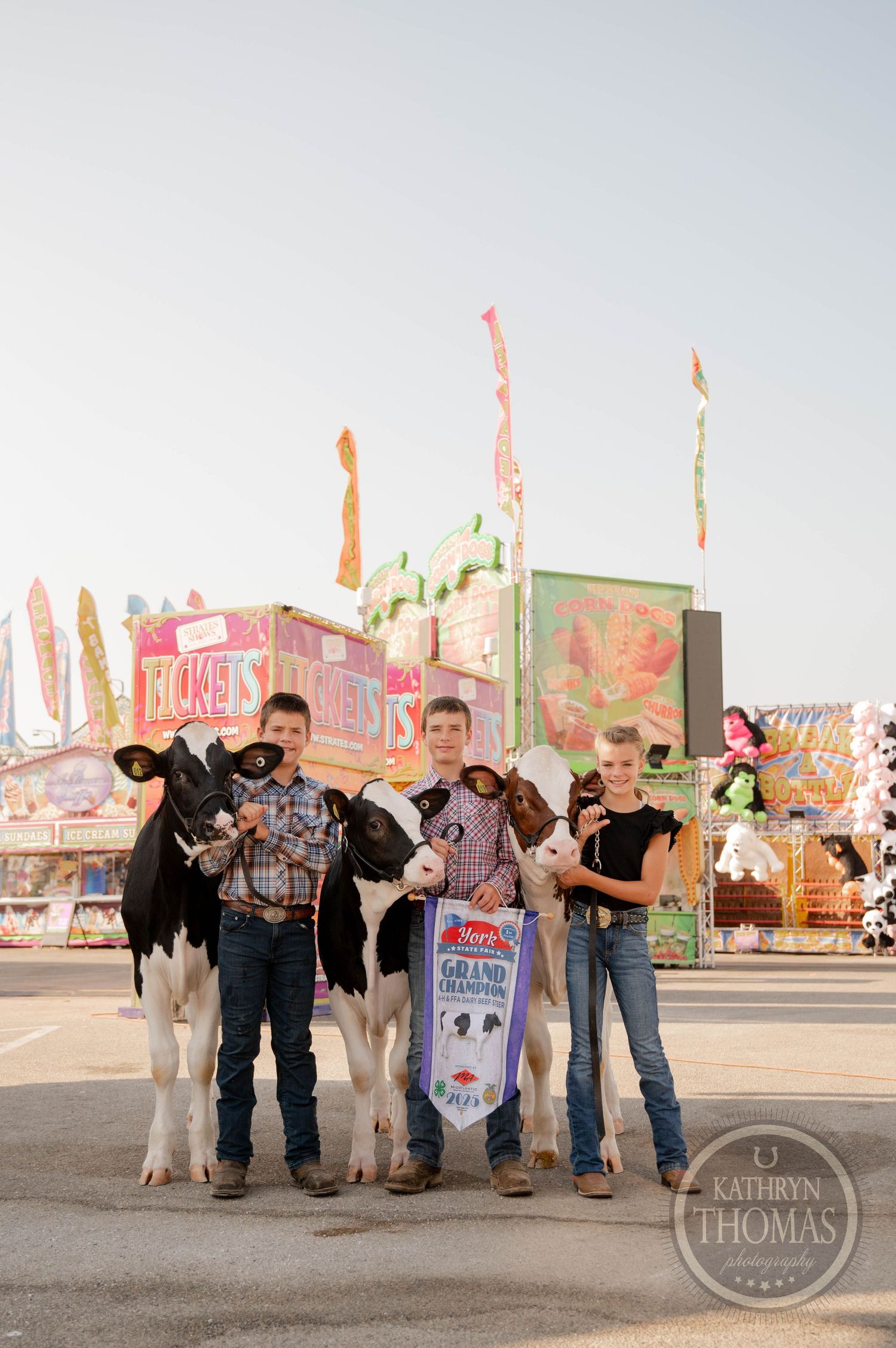 Three boys proudly display Holstein calves and a Grand Champion banner at a colorful county fair.