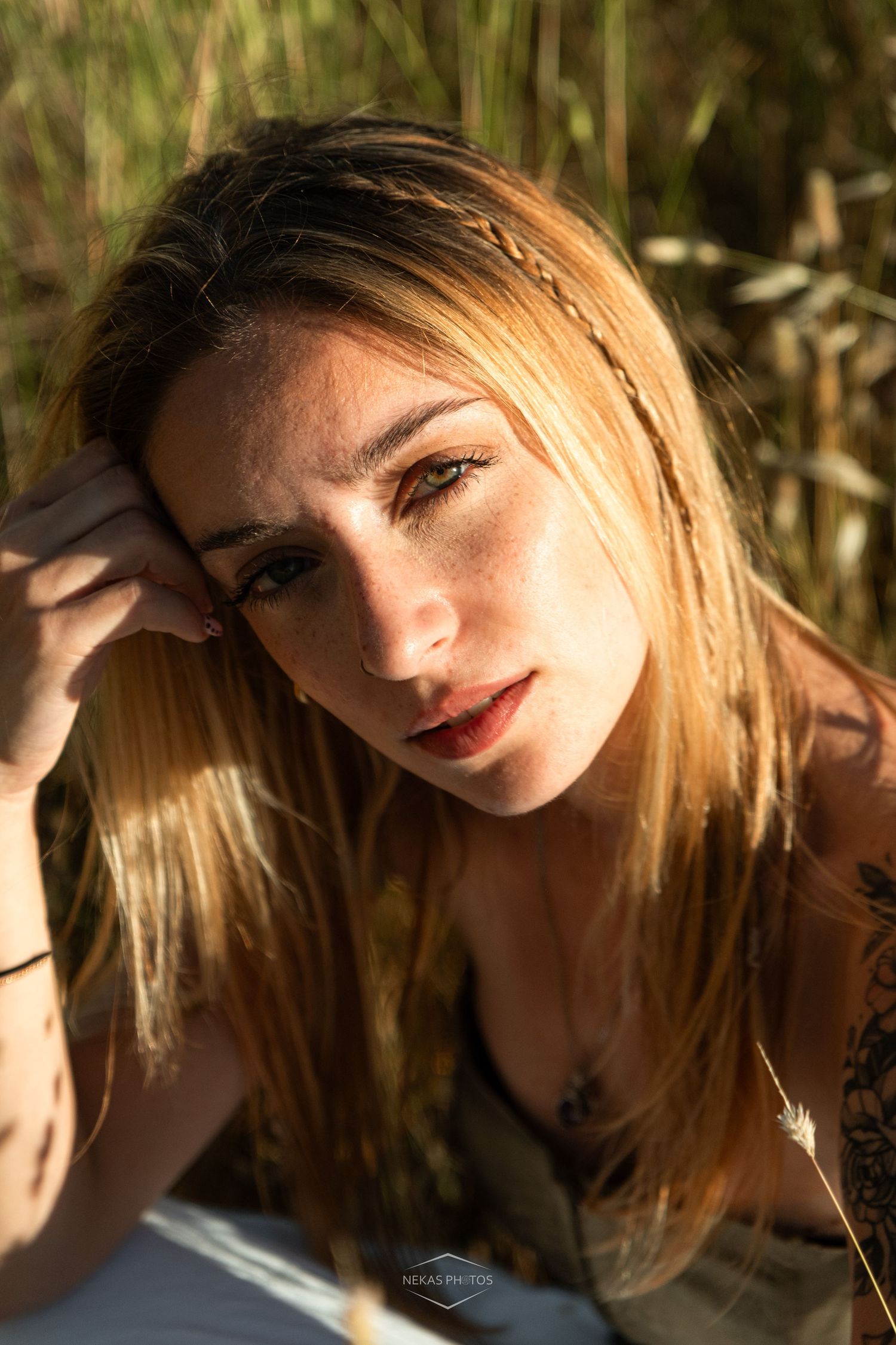 Young woman with freckles and braided hair rests in golden sunlight among tall grass, showcasing tattoos.