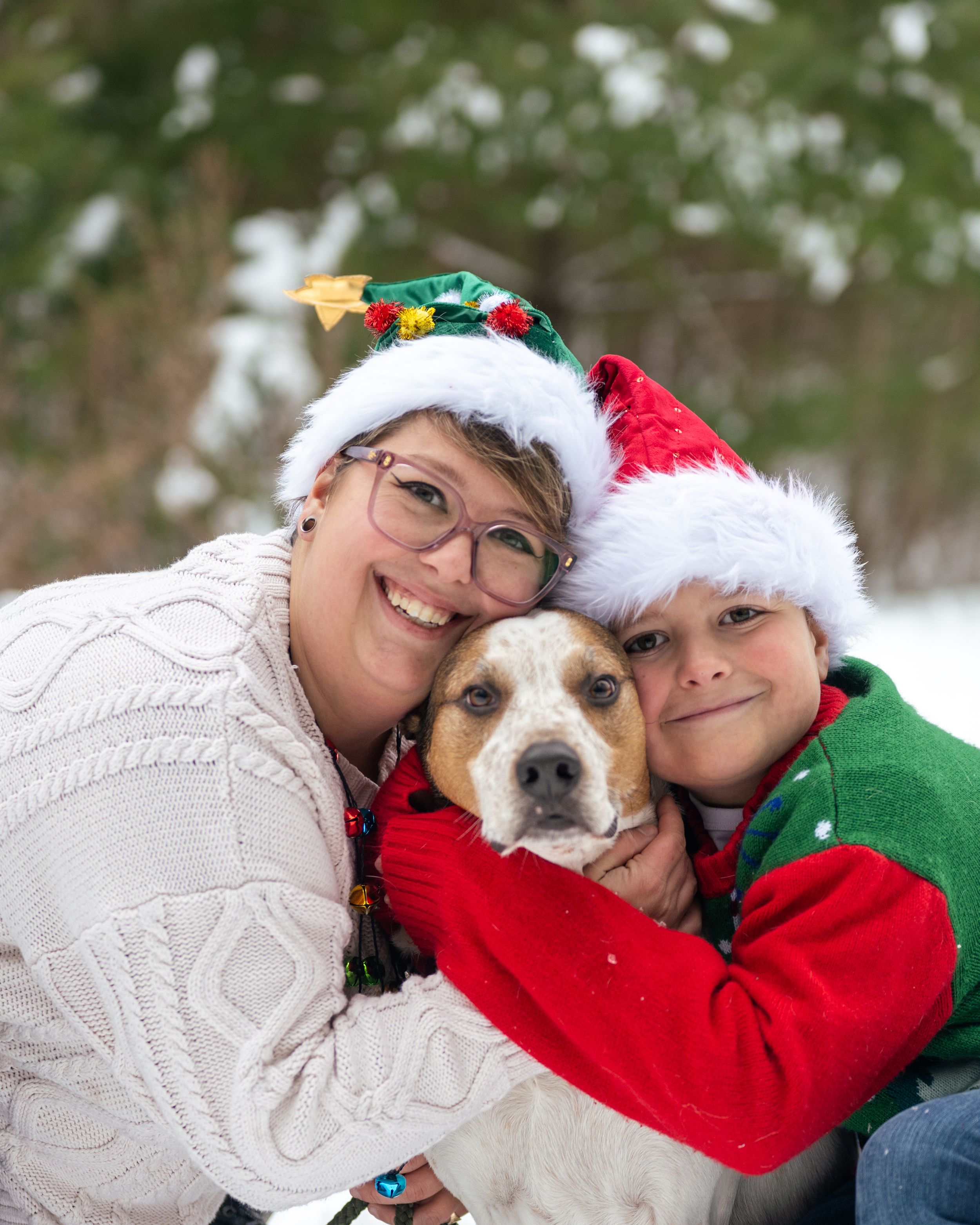 Woman and boy in Santa hats hug a beagle dog outdoors in snowy winter setting for Christmas photo.