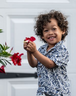 Smiling toddler with curly hair holding a red flower, wearing a blue floral shirt near a white door.