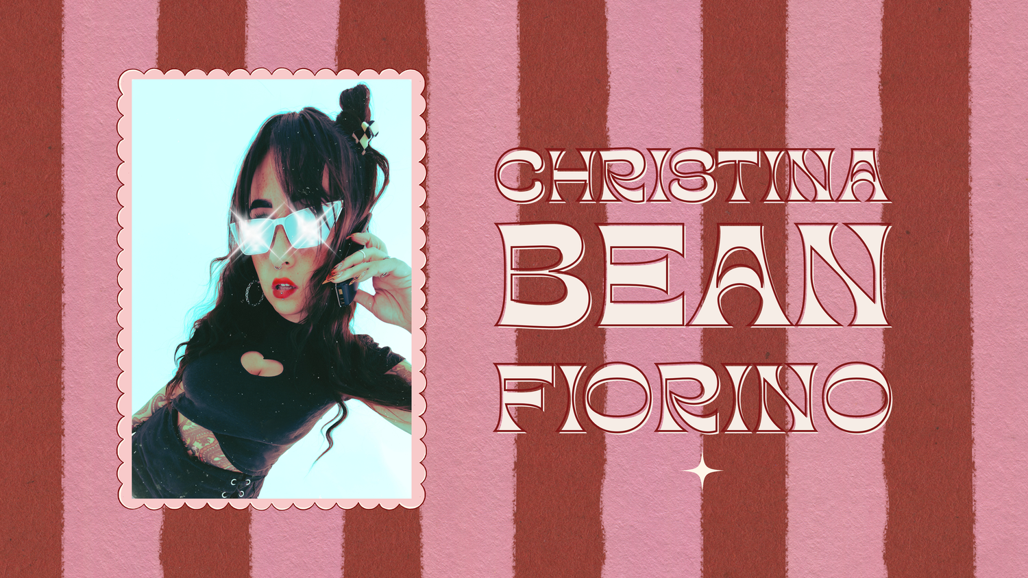 Christina Bean Fiorino promotional graphic with pink striped background and stylized retro typography.