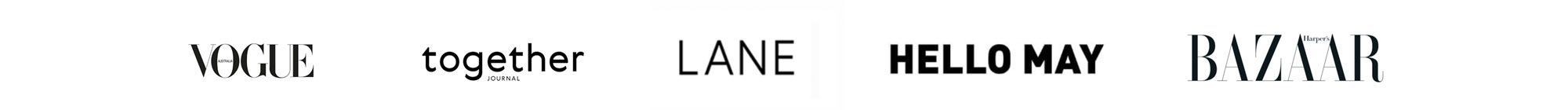 Logos of Vogue, Together, Lane, Hello May, and Bazaar fashion magazines displayed in a horizontal row.