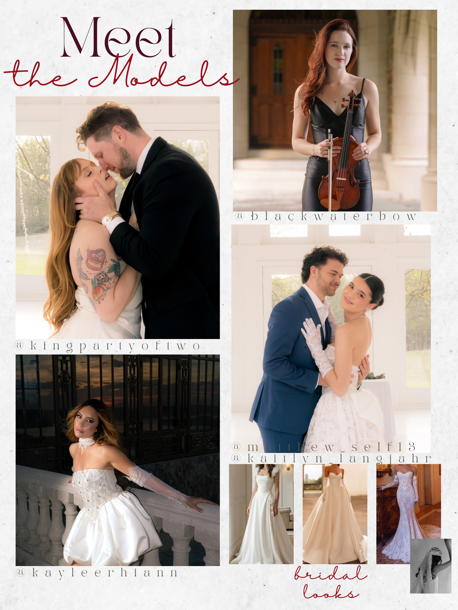 A bridal lookbook collage featuring models in wedding gowns and formal wear, showcasing elegant bridal styles and couples.