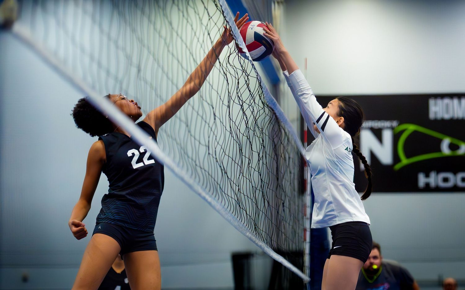 Club volleyball block at net, May Madness Spooky Nook Sports, by Deanna Fox, SportsFox Photography, Hershey PA