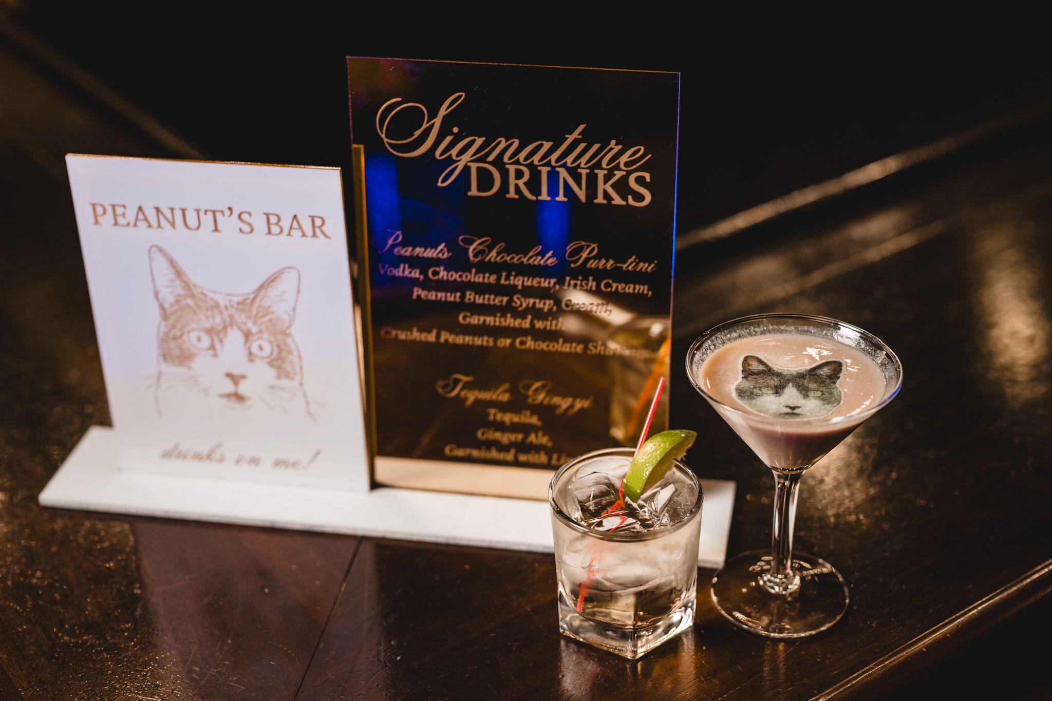 A cat-themed signature drinks menu display with two cocktails at a wedding reception bar.