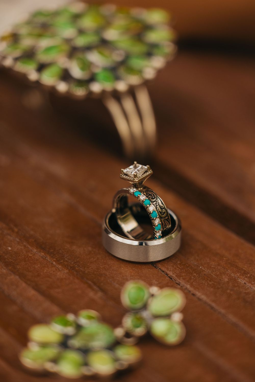 Western Brides turquoise and custom engraved Wedding Ring on her intimate wedding near Emigrant, Montana by Paradise Valley Photographer