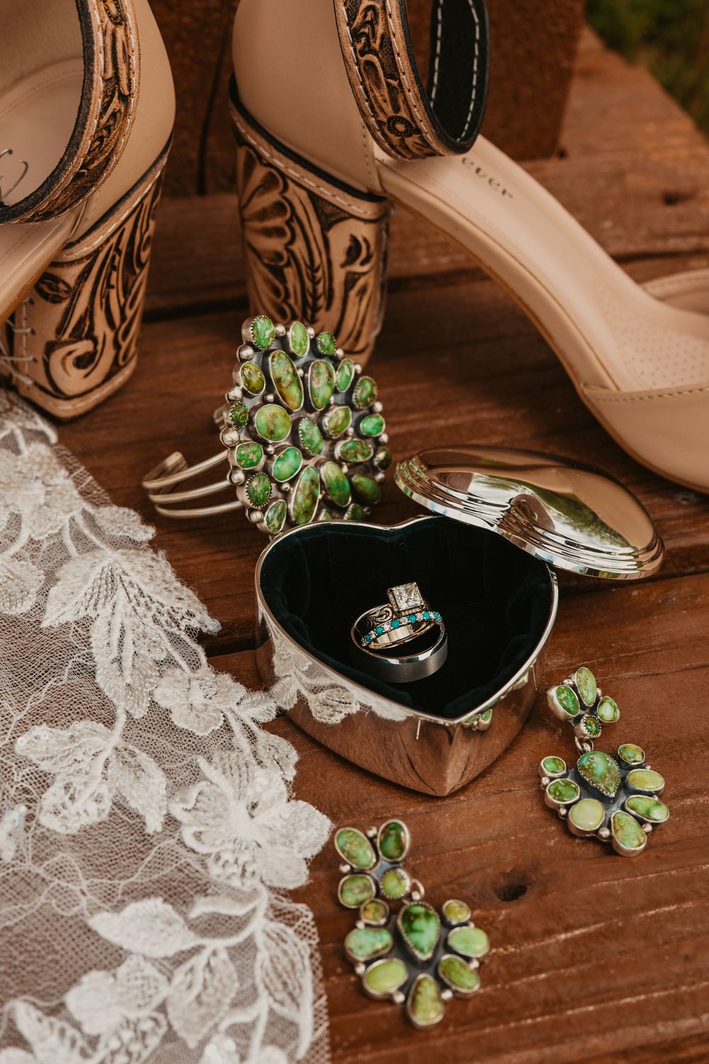 Western Brides turquoise and wedding ring and leather heels for her elopement by Pray, Montana by Paradise Valley Photographer - Emigrant