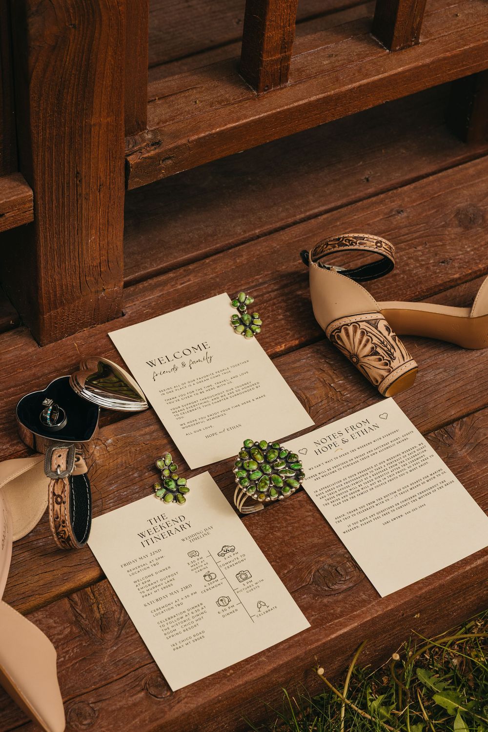 Western Brides Details at her intimate Elopement at Chico Hot springs at their cabin. With her tooled heels and Turquoise Jewelry Sage Lodge