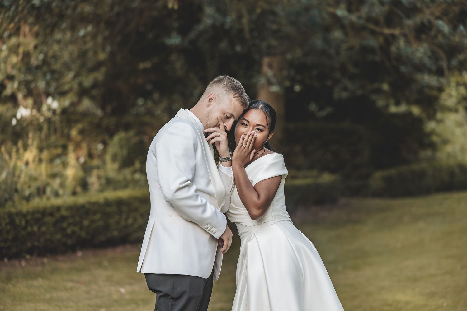 a personal intimate interaction between the newly weds on their relaxed wedding day.