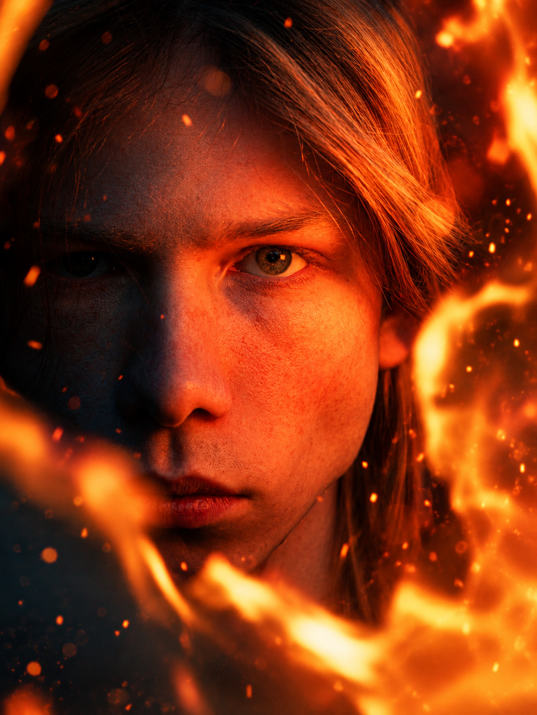 A young person with freckles surrounded by swirling fire and glowing embers in a dramatic, intense close-up portrait.