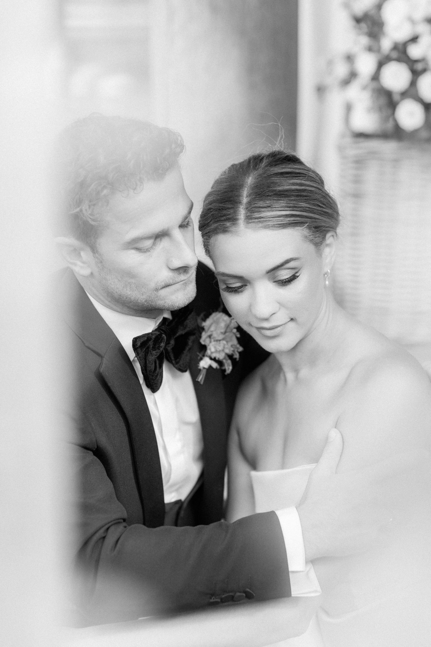 Hayley Elizabeth Photography romantic black & white wedding portrait of a couple sharing an intimate moment together at Euridge Cotswolds