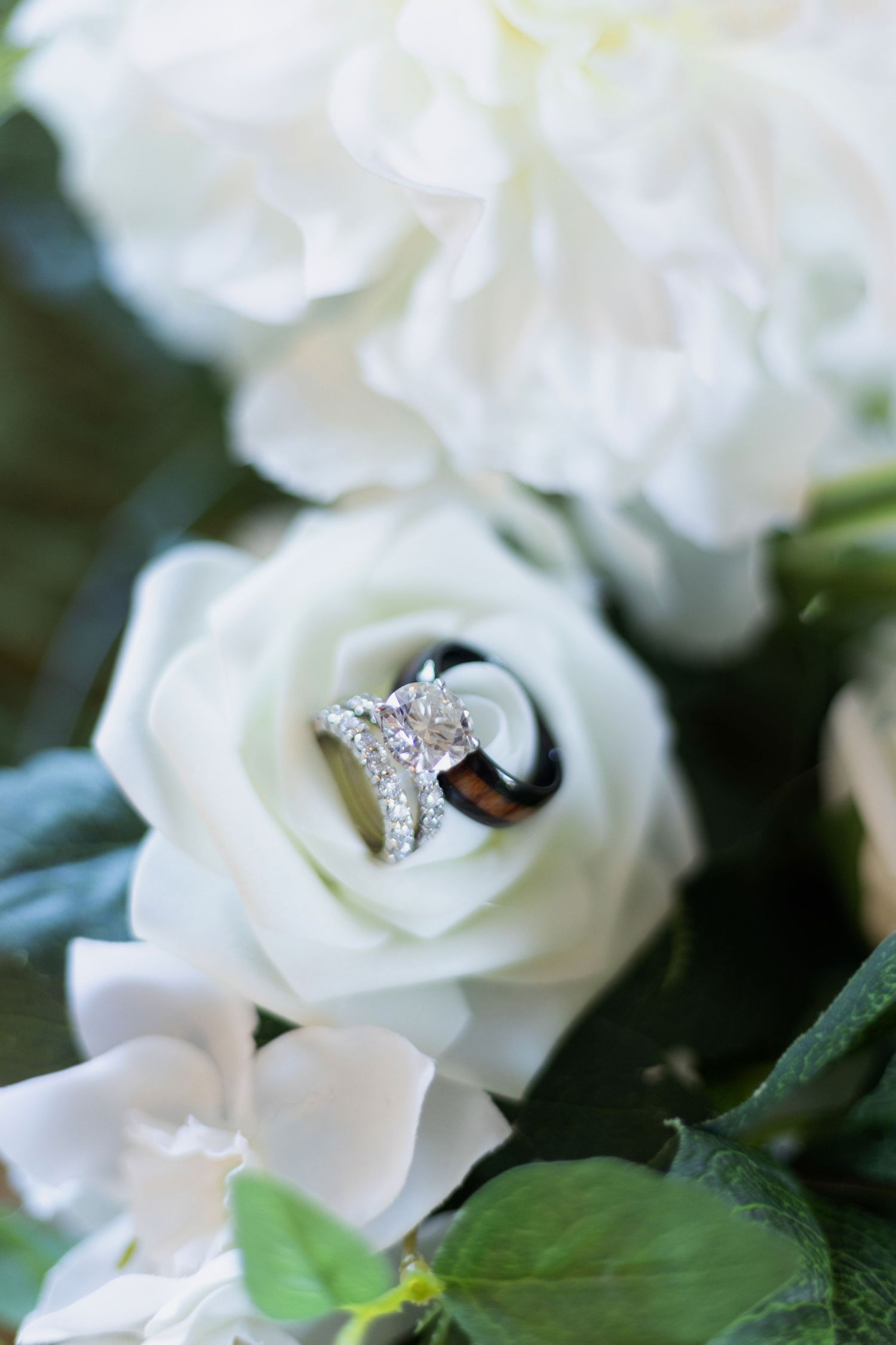 close up of wedding rings on flowers