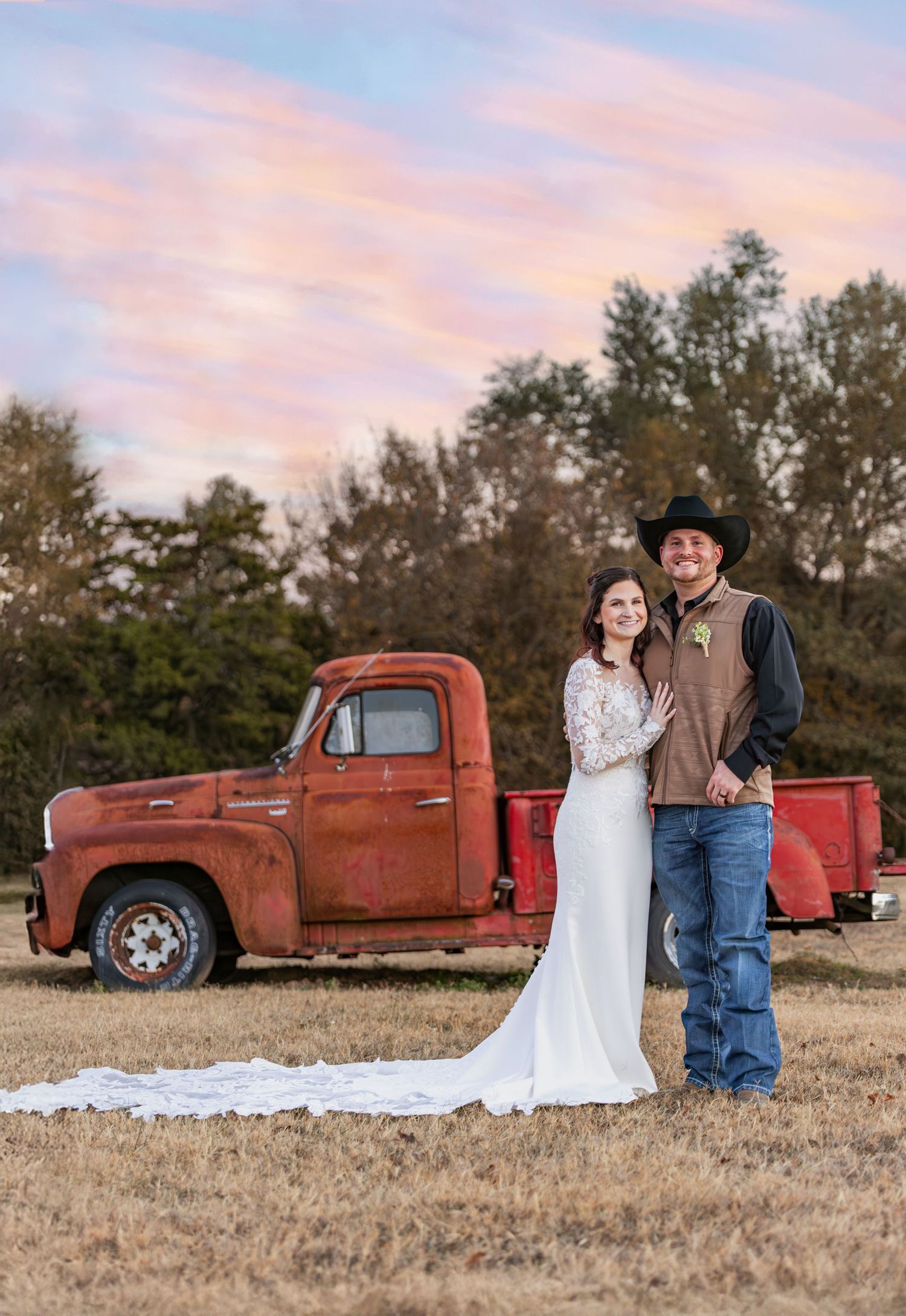 bridal portraits with antique truck at The Diamond Wedding Venue in Cumby, Texas