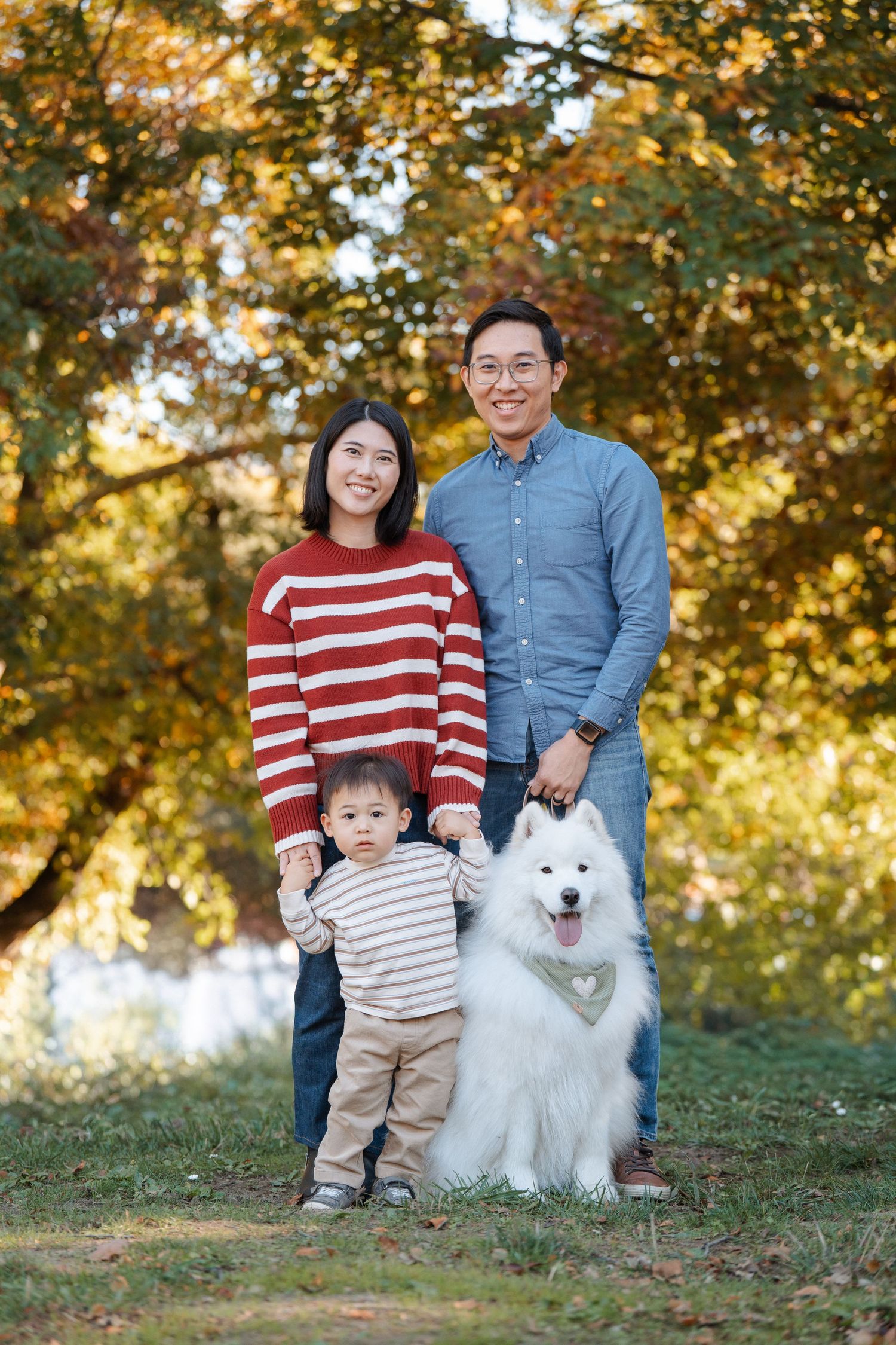 A family and their fluffy white Samoyed dog pose together on a grassy hill during golden autumn afternoon light.