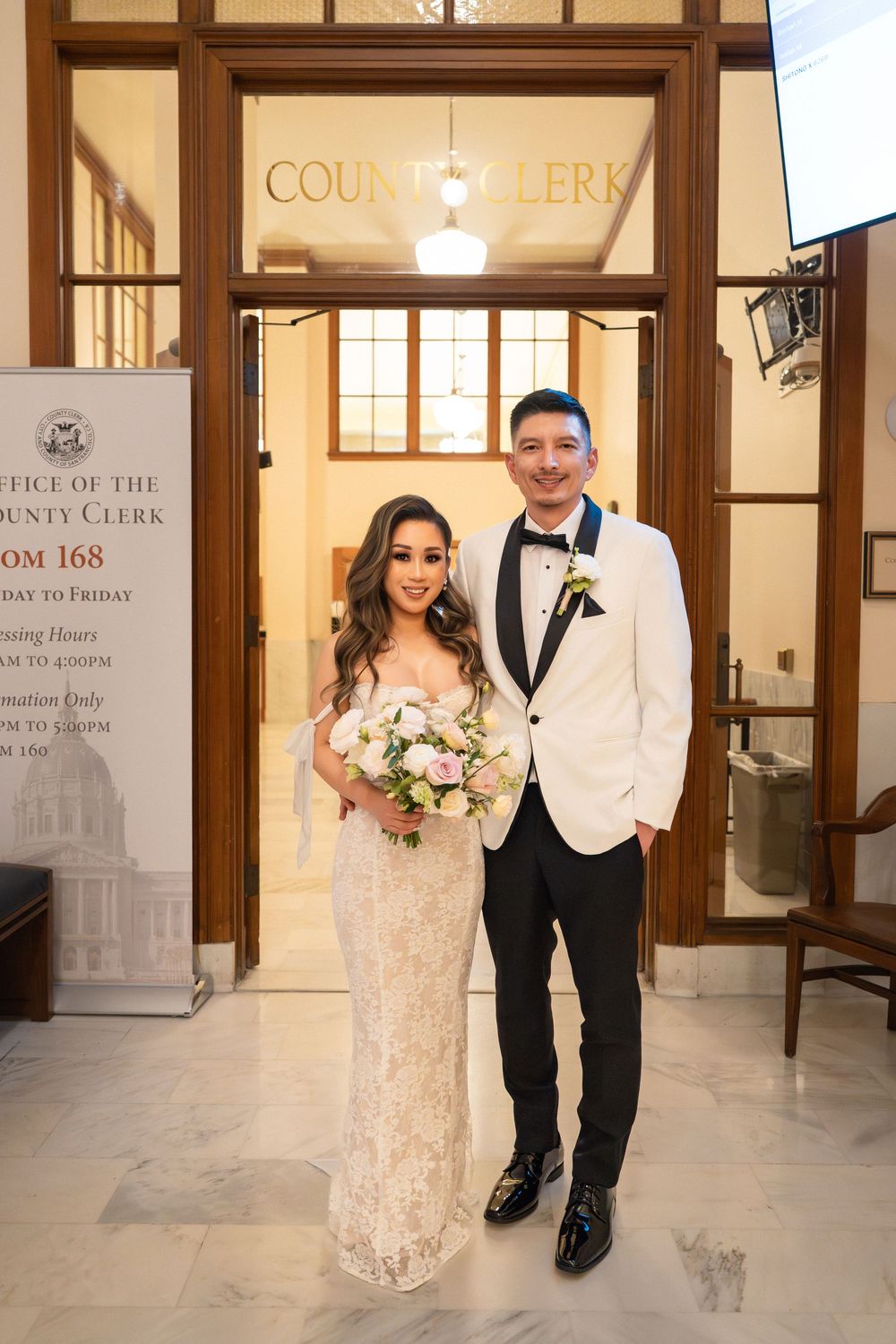 A series of courthouse wedding photos showing a couple walking through hallways with ornate wooden doors and signs.