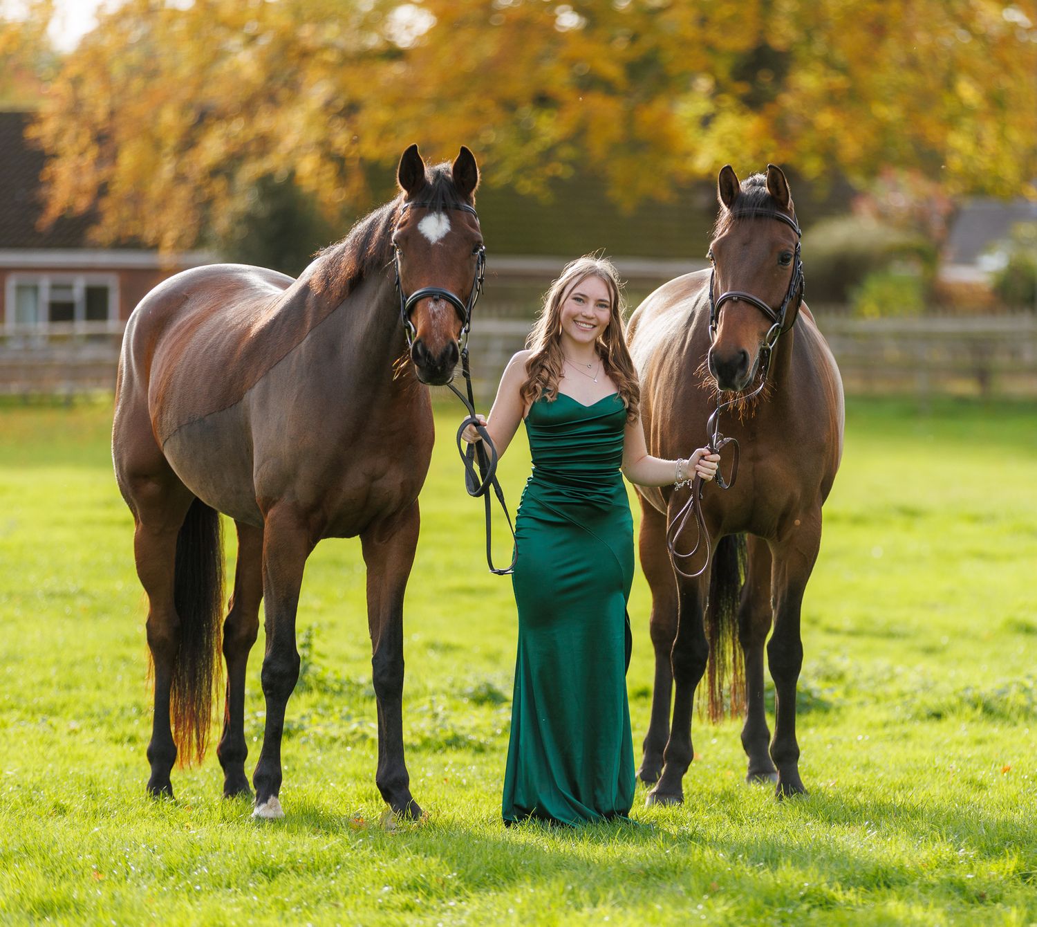 Three brown horses stand in a sunlit autumn meadow with someone in an emerald green dress beside them.