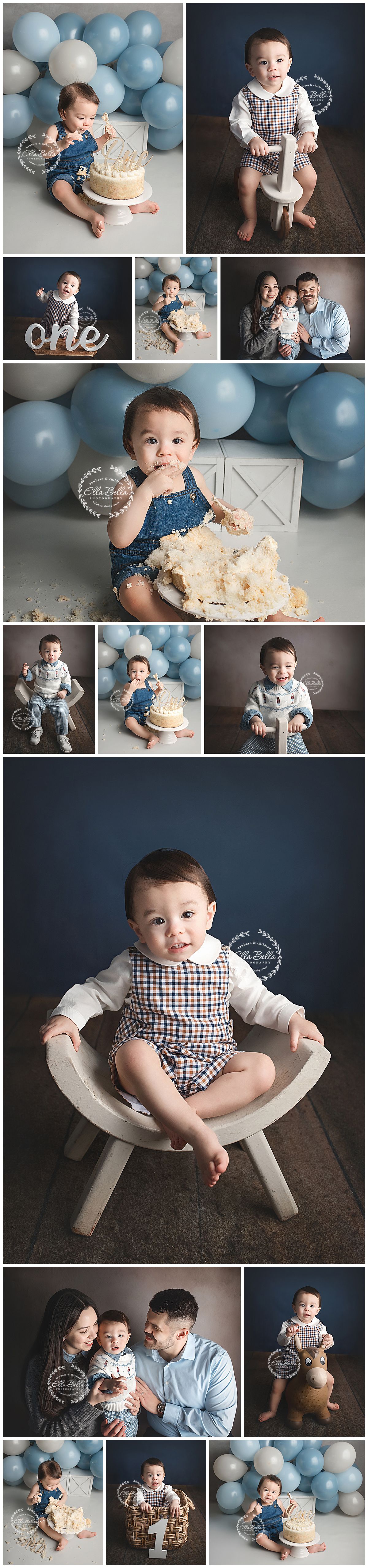 First birthday cake smash photo session with blue balloons and white cake featuring adorable outfits and messy fun moments.