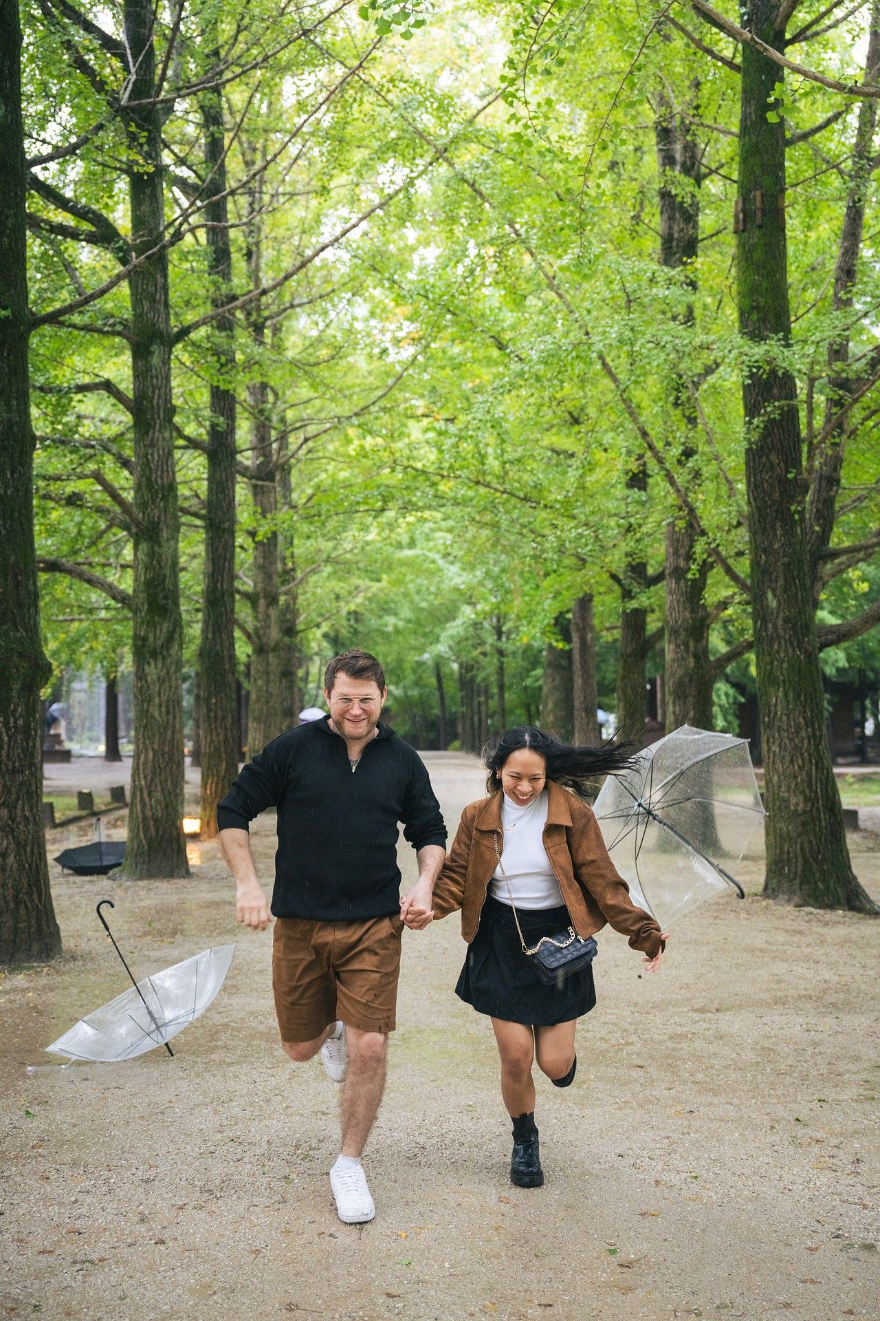 A playful sequence of jumping movements captured in a wooded park setting with autumn leaves on the ground.