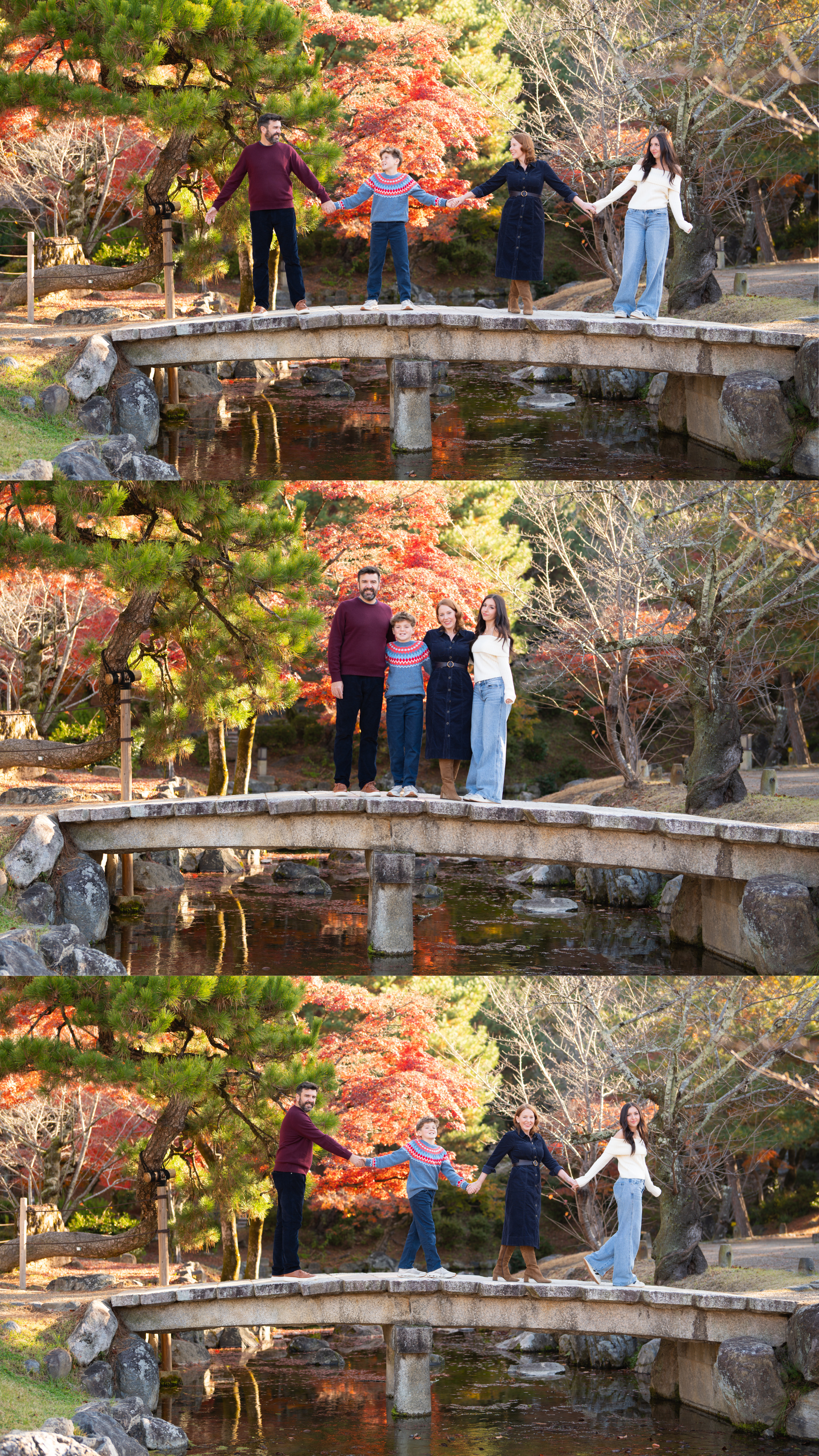 Family of four posing on a stone bridge over a pond with autumn foliage.
