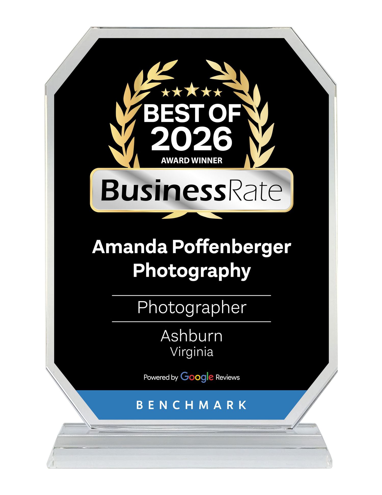 Professional photography business awards and accolades display with black and gold design elements for Ashburn, Virginia location.