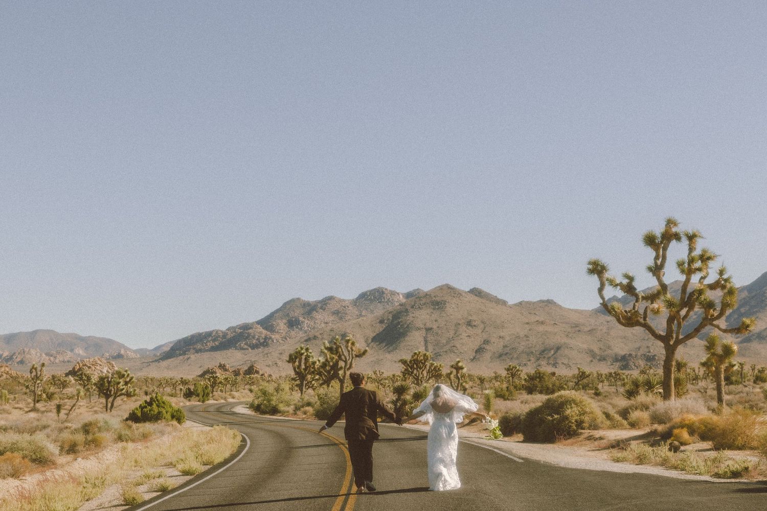 Two people walk down an empty desert road surrounded by Joshua trees and mountains in Joshua Tree National Park.