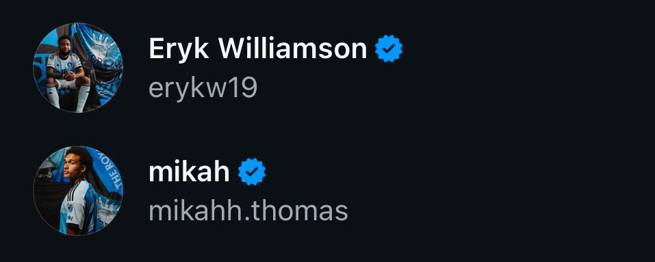 Instagram profile screenshots showing verified accounts of Eryk Williamson and Mikah Thomas with blue checkmarks.