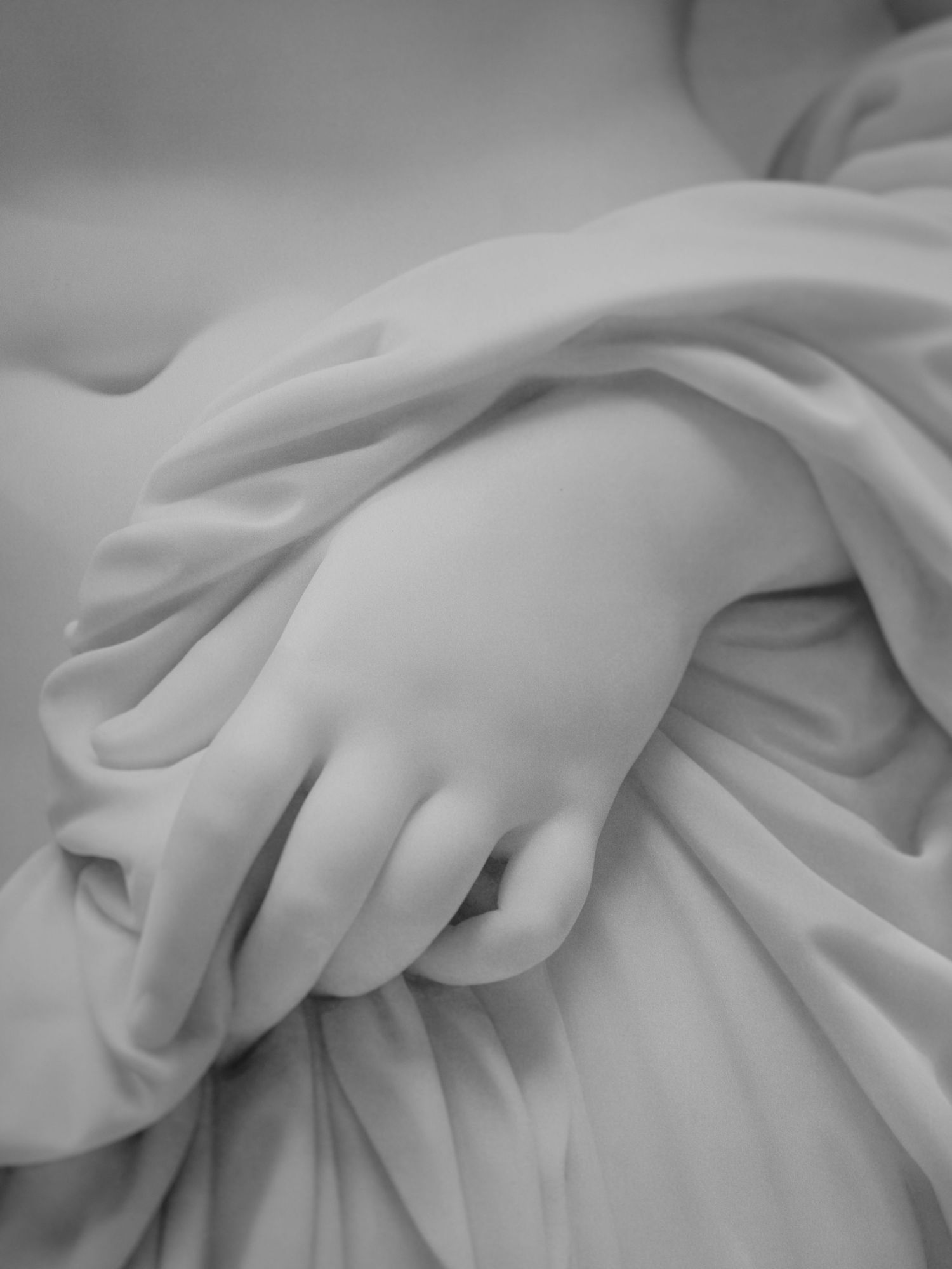 Extreme close-up macro photography of delicate white flower petals showing soft curves and textures in monochrome.