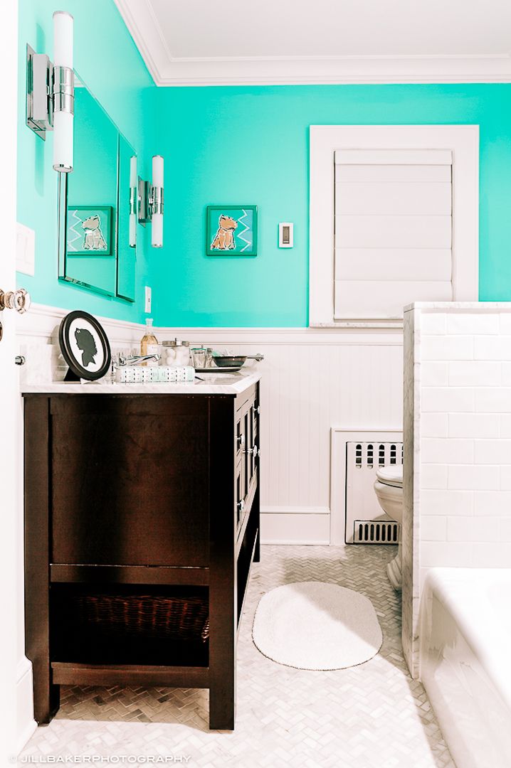 Modern bathroom interior with bright turquoise walls, white trim, and dark wood vanity creates a fresh coastal feel.