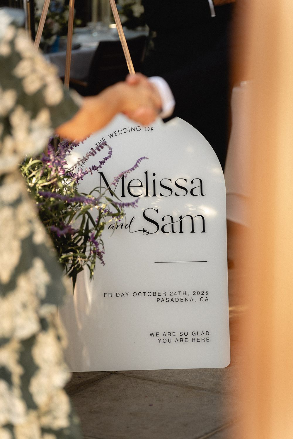 Wedding welcome sign for Melissa and Sam photographed at their Pasadena ceremony