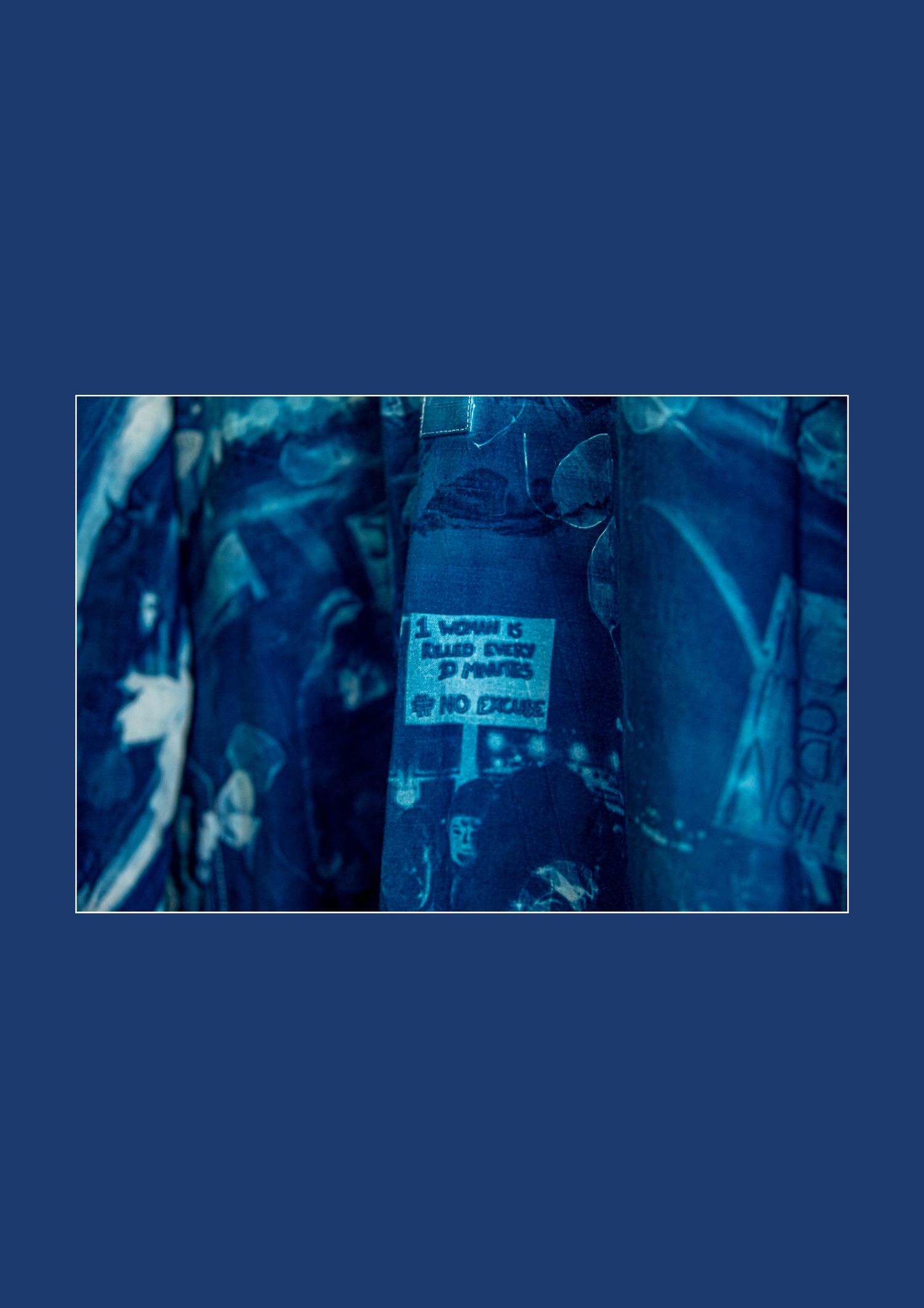 '16 Days of Activism against Gender-Based Violence',  cyanotype detail on a panjabi  to show zero tolerance for violence against women
