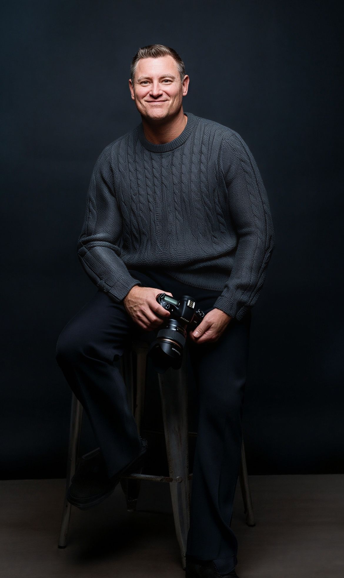 Man sitting on bar stool with camera