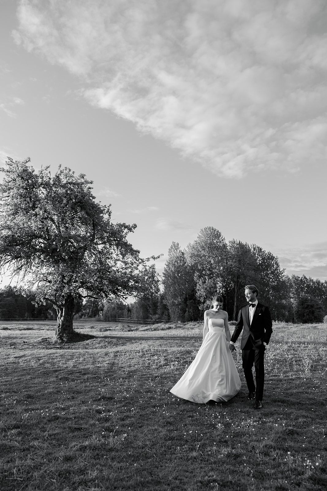 A couple in wedding attire stands in a scenic meadow with trees in the background across multiple black and white photos.