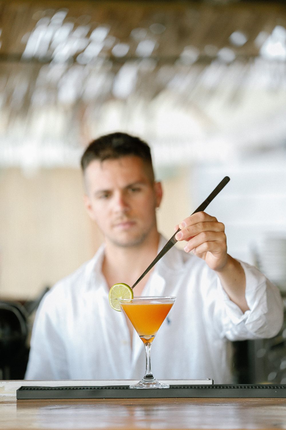 Bartender preparing a cocktail behind the bar, focused expression and natural lighting.