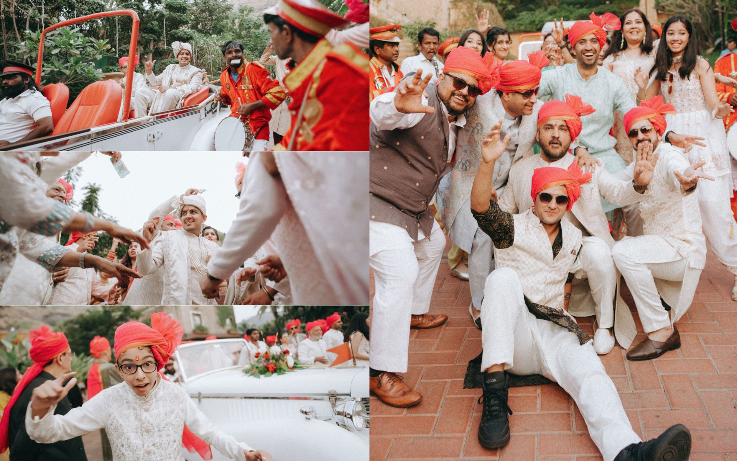 Joyful red & white wedding guests dancing at an outdoor reception, beautifully shot by a trusted wedding photographer near me in Mumbai.