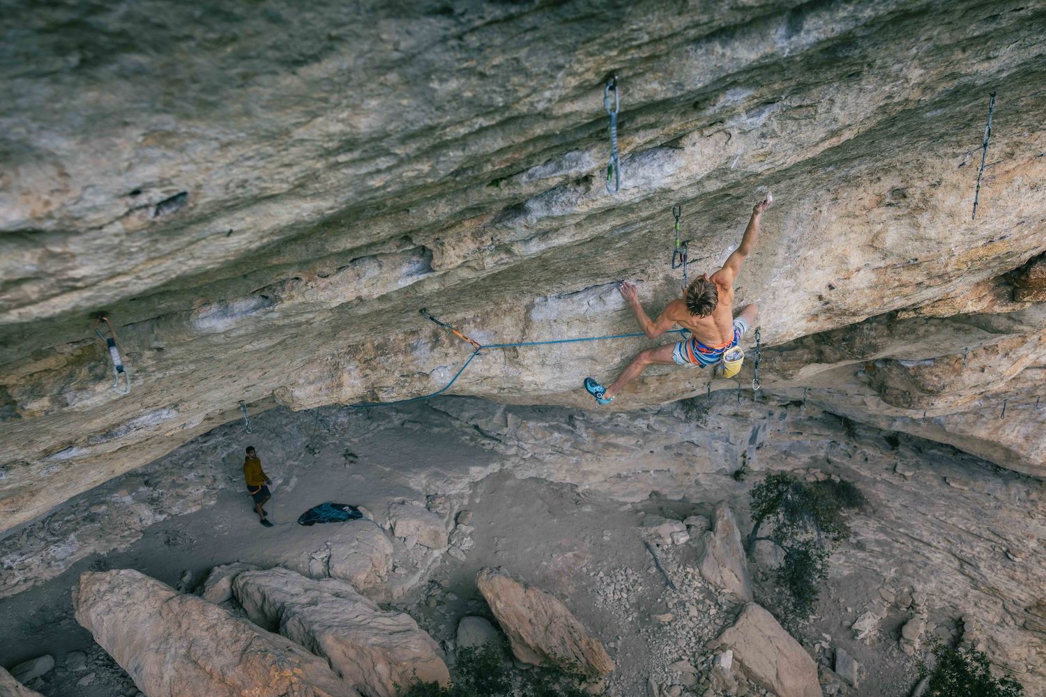 German climber Alex Megos climbing Le Grand Saccage 9a+/b in Buoux, France. Photo Jan Virt.
