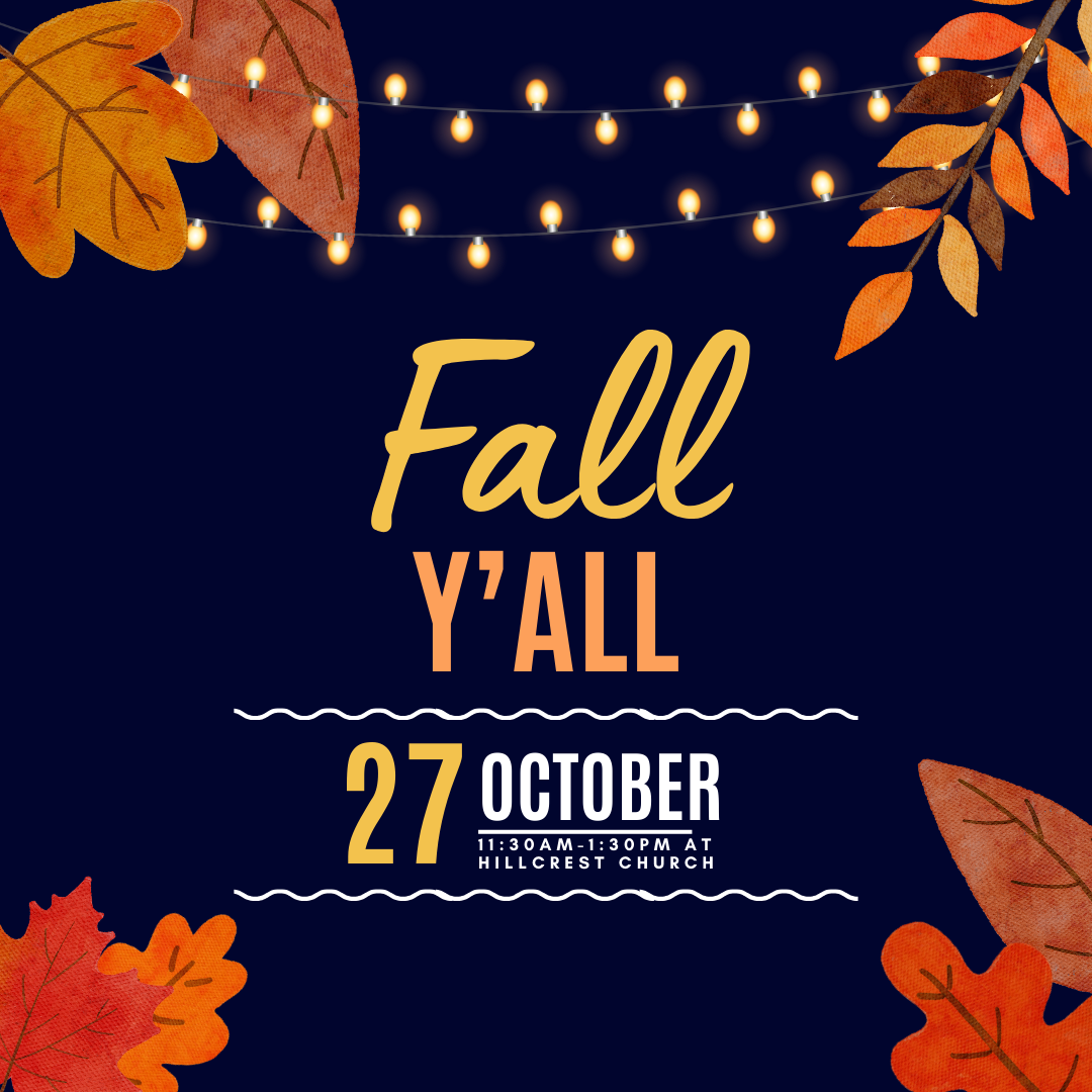 Fall event poster with autumn leaves, string lights and text reading 'Fall Y'all' for October 27 celebration.