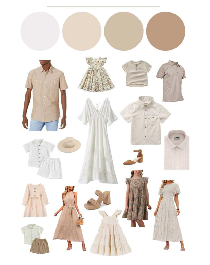 A collection of neutral colored clothing items including dresses, shirts, and coordinates in beige, cream, and white tones.