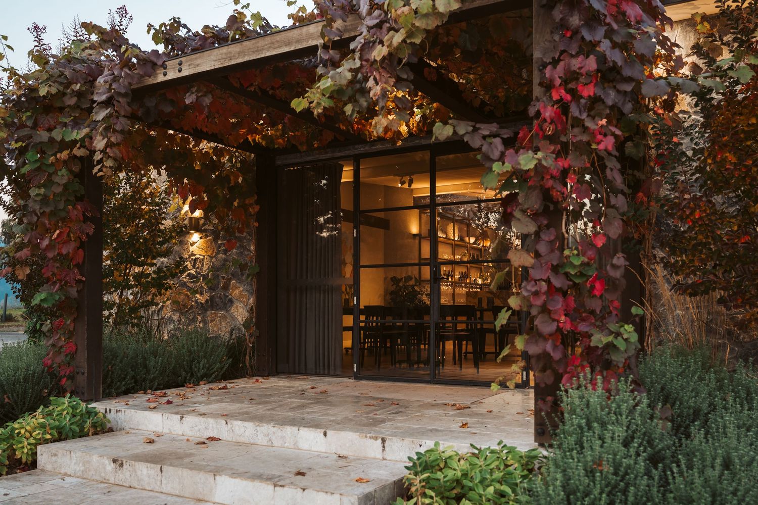 Winery and hospitality entrance photography featuring autumn vines, architectural details and warm evening atmosphere