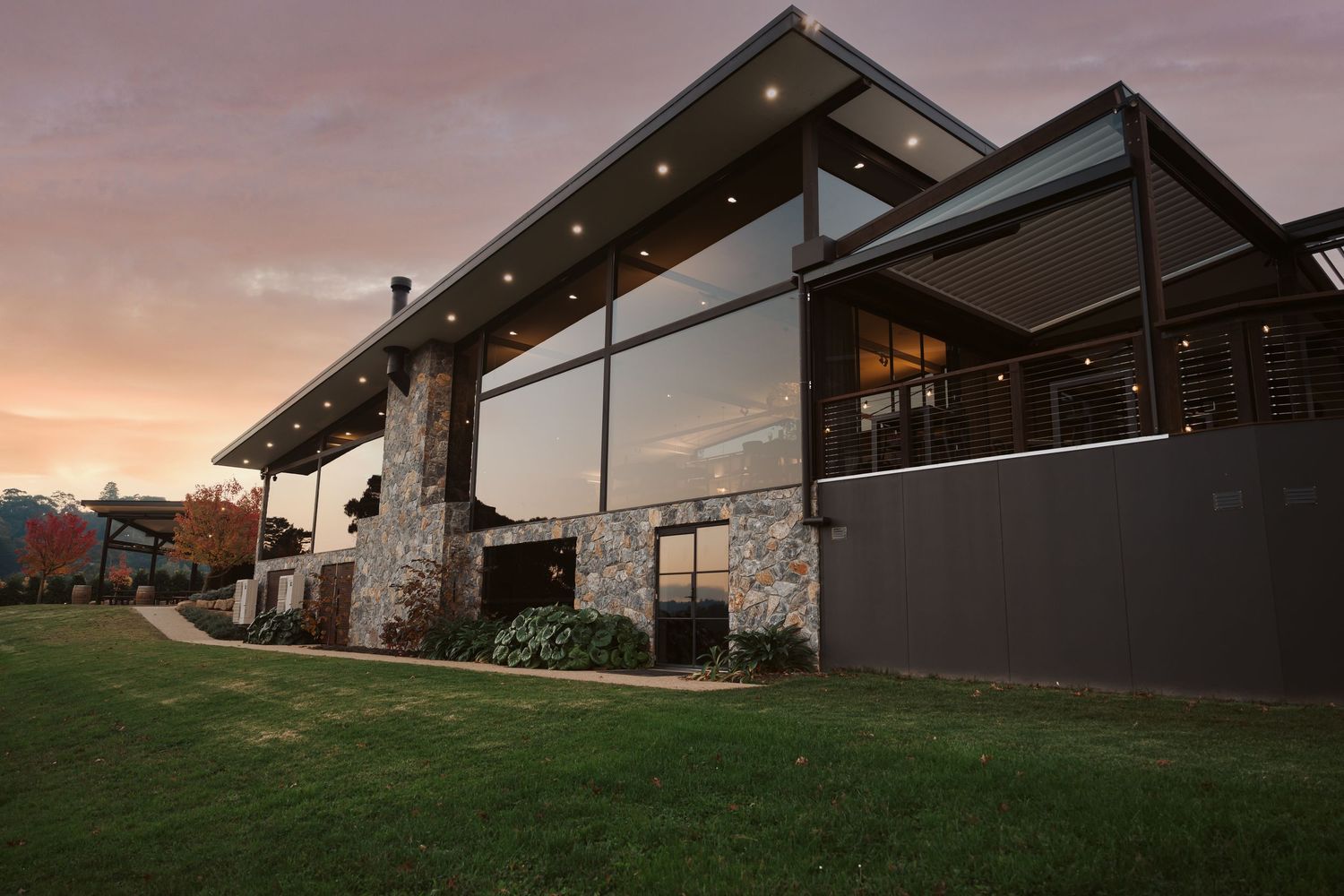 Contemporary winery architecture photography featuring modern exterior design at twilight in regional Victoria