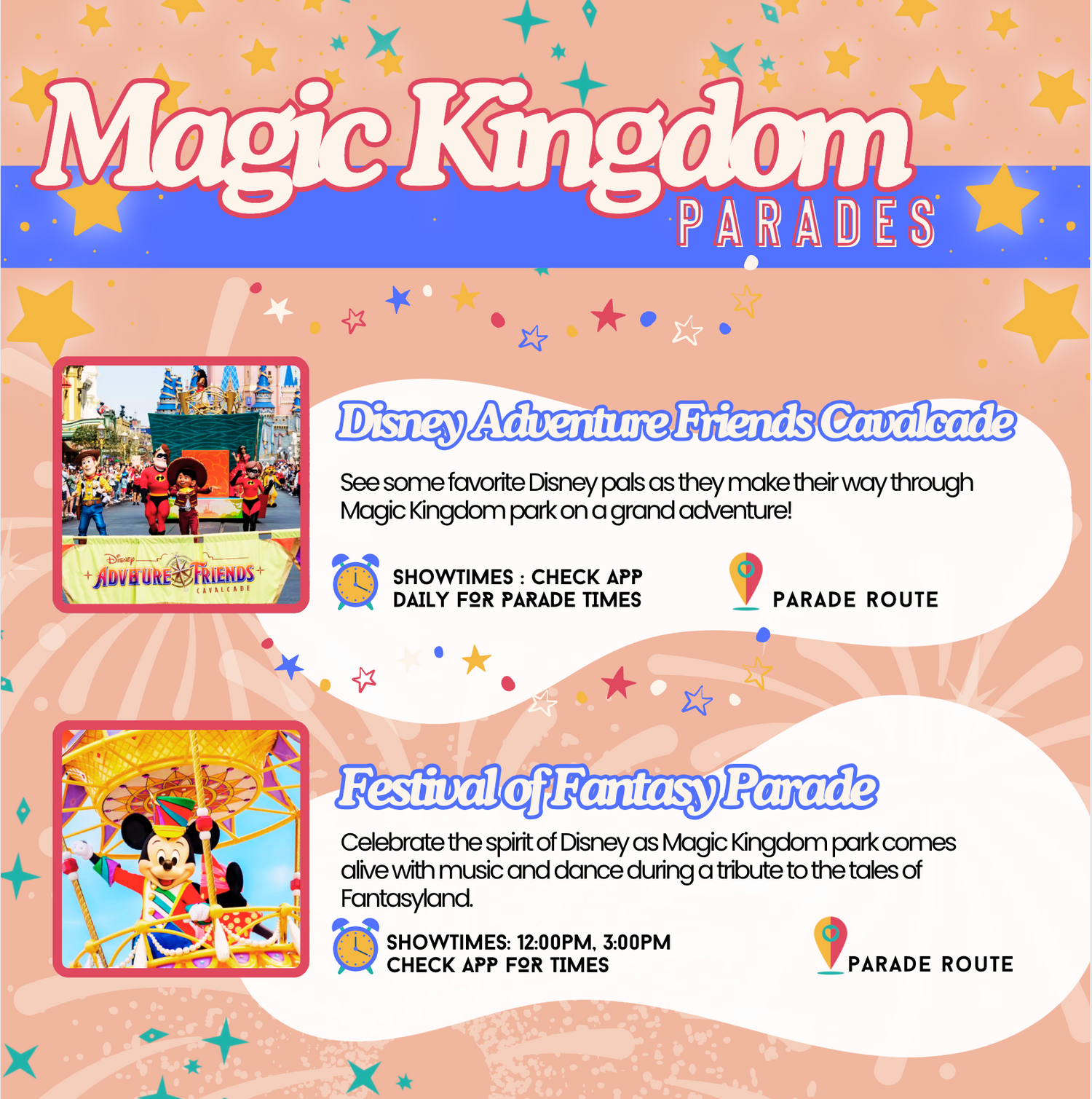 Disney's Magic Kingdom park schedule showing parade times and routes on a pink background with colorful stars and sparkles.