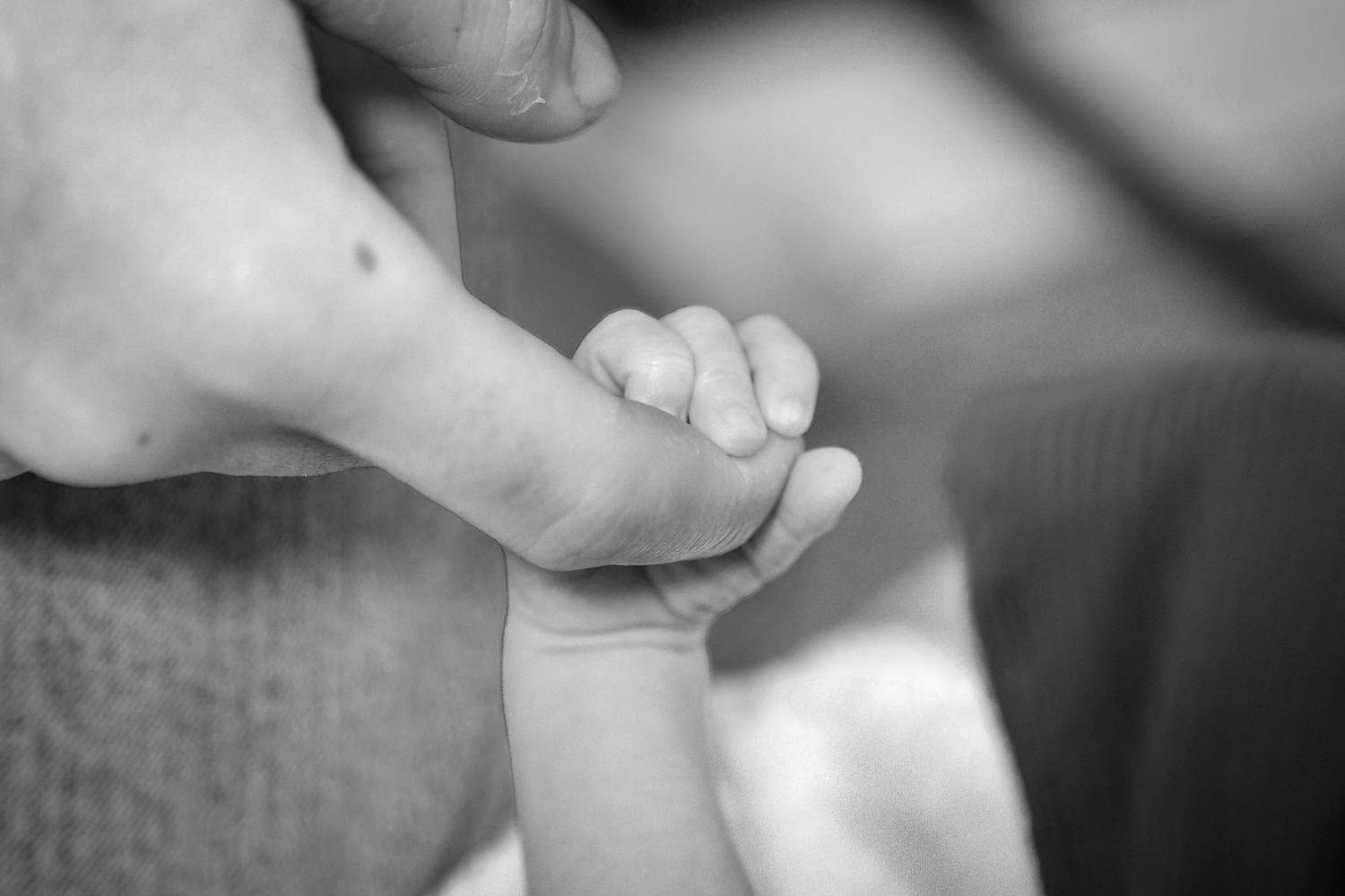 A close-up black and white photo of a tiny baby's hand grasping an adult's finger.