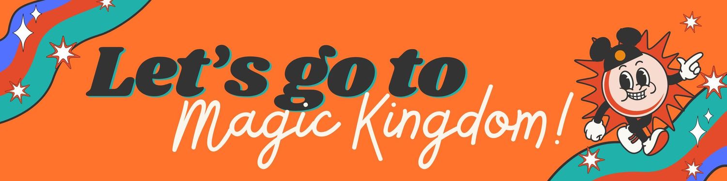 Retro Disney banner with text 'Let's go to Magic Kingdom' featuring vintage Mickey Mouse cartoon art on orange background.