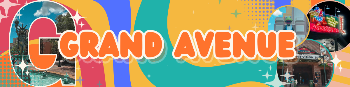 Vibrant retro-style banner design with Grand Avenue text featuring colorful geometric shapes and urban elements.